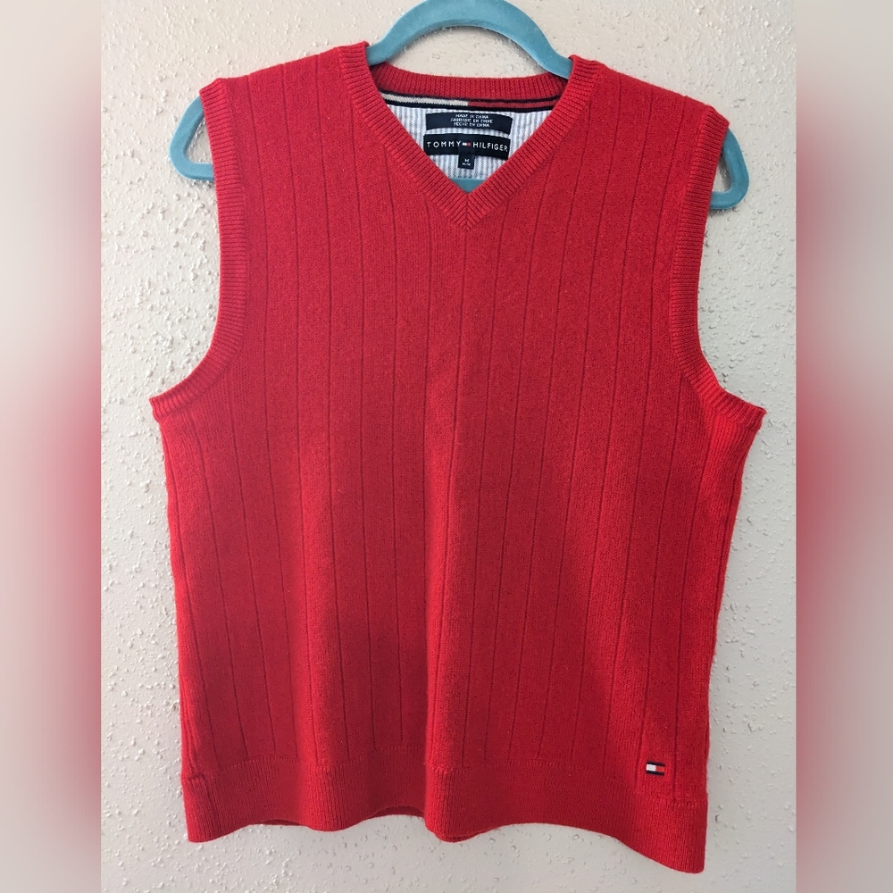 Tommy Hilfiger Men's Red Sweater Vest Merino Wool
